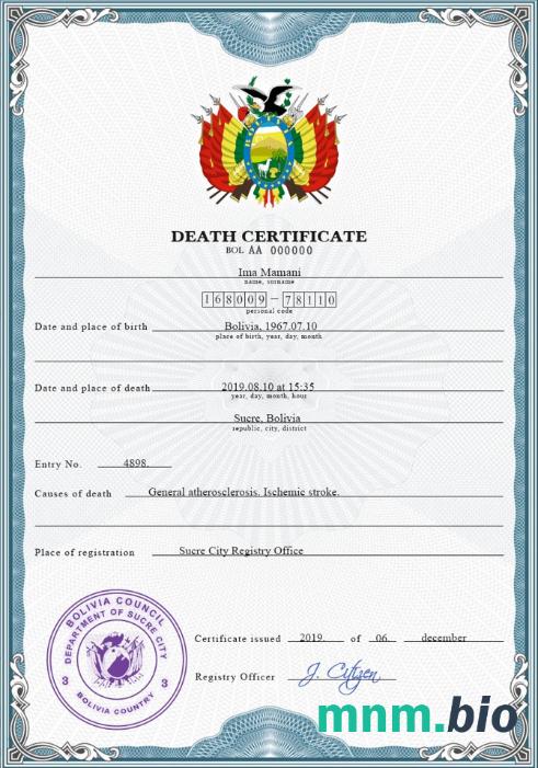 Bolivia śmierć certyfikat PSD szablon